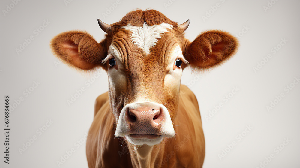 Portrait of a brown and white cow isolated on white gradient copy space background