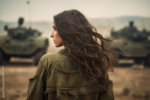 Generative ai picture of female woman soldier in military uniform fighting for peace photo