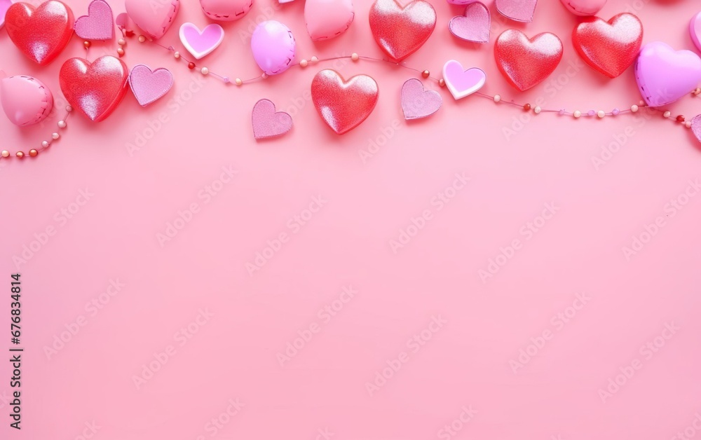 Pastel doll style pink background with felt hearts and a garland, top view, over the shoulder, copy space at the bottom. Valentines day, engagement or wedding party poster. AI Generative
