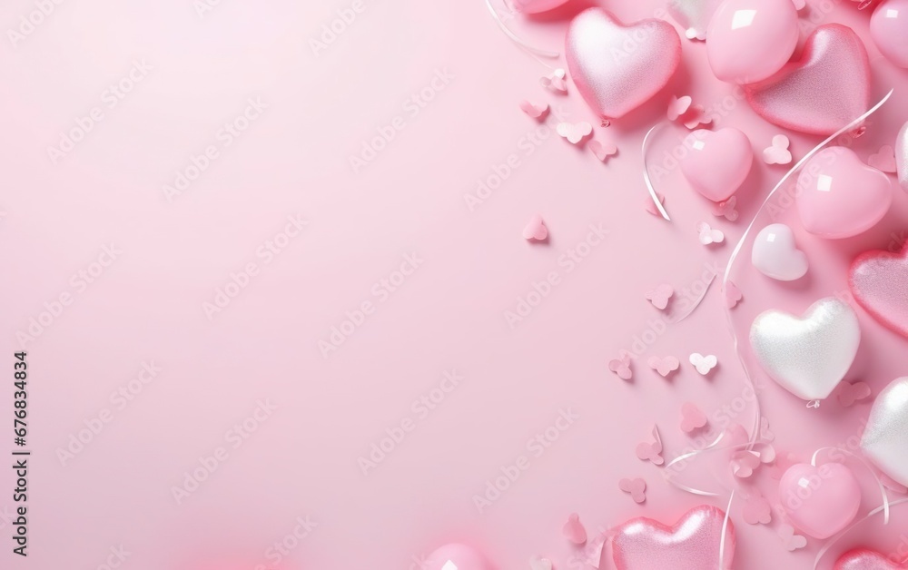 Pink pastel background with heart shaped balloons and confetti, over the shoulder, top view, flat lay, copy space at the left. Happy valentines day, engagement or wedding party poster. AI Generative