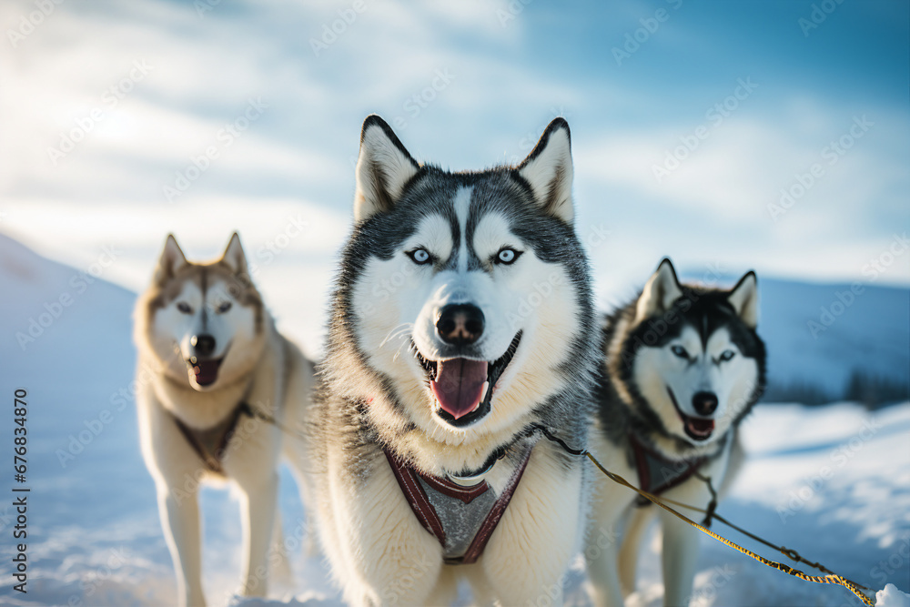 Generative AI of siberian husky dogs in harness climbing up down mountain resort christmas time