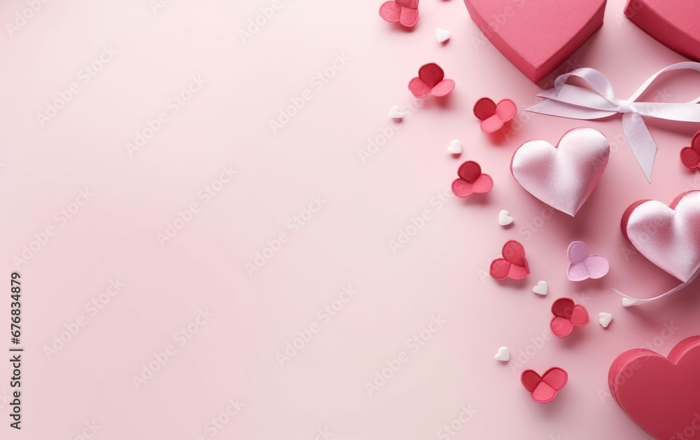 Light pink background with cloth hearts and felt decorations, over the shoulder, top view, flat lay, copy space at the left. Valentines day, engagement or wedding party poster. AI Generative
