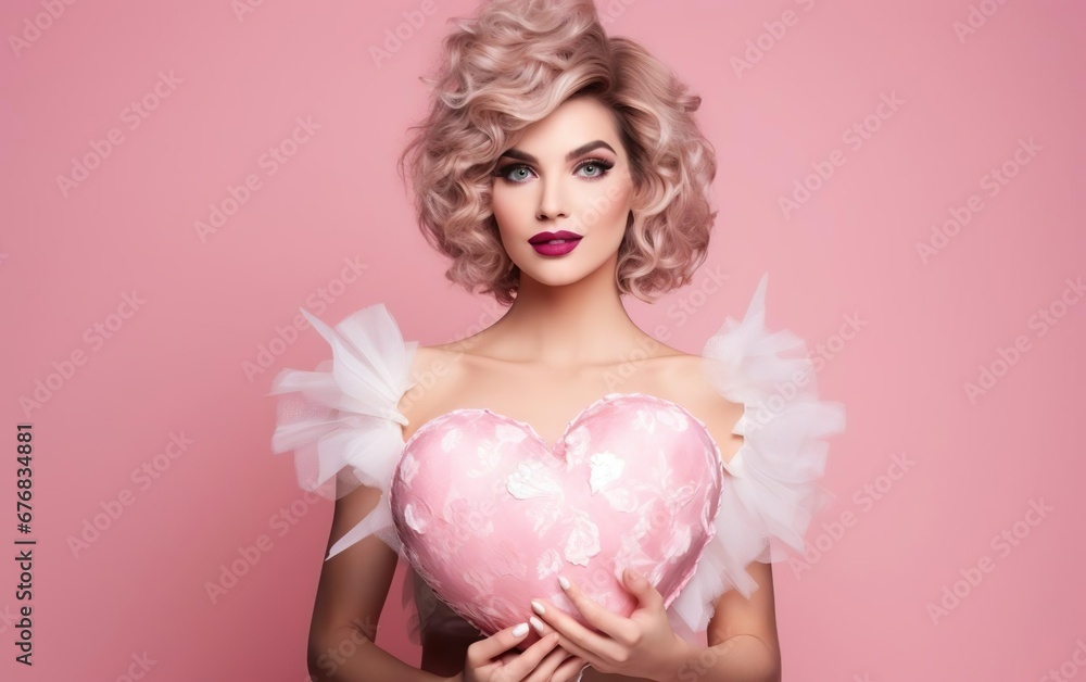 Pretty woman with curly hair wearing a fancy white dress and makeup, holding a pink heart isolated on pink background. Valentines day, engagement or wedding party poster. AI Generative