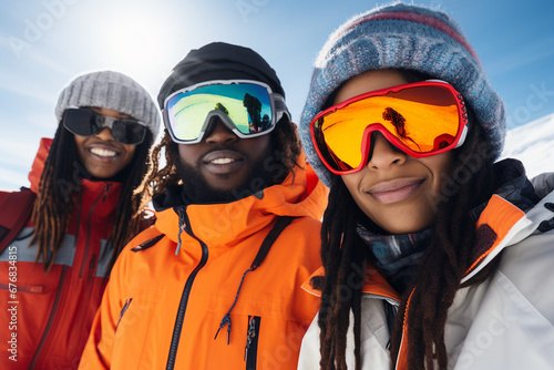Big youth company at mountain resort making selfies snowboarding Generative AI portrait