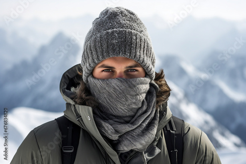 Happy young person wearing warm winter hiking clothes climbing high peak mountain Generative AI picture