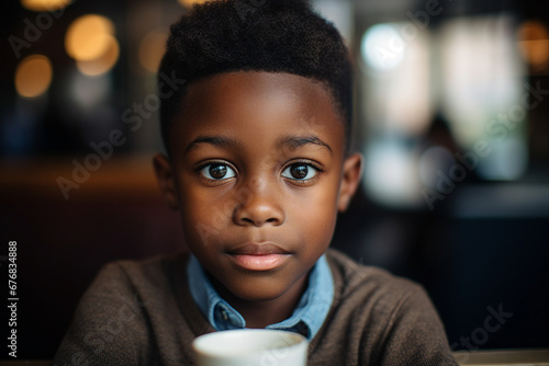 Generative AI portrait image of funny small child enjoying weekend time drinking fresh milk in modern cafe