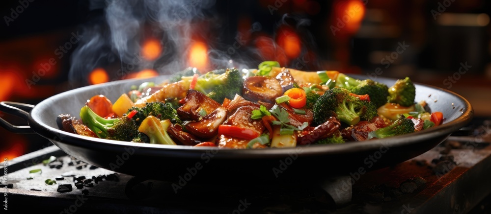 In the bustling Asian restaurant amidst the sizzling sounds emanating from the stir fry station in the background expert chefs skillfully cook a healthy and delicious meal A vibrant green pl In the bustling Asian restaurant amidst the sizzling sounds emanating from the stir fry station in the background expert chefs skillfully cook a healthy and delicious meal A vibrant green pl