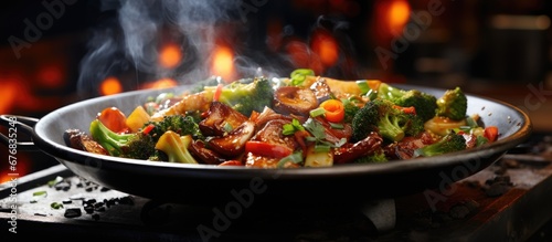 In the bustling Asian restaurant amidst the sizzling sounds emanating from the stir fry station in the background expert chefs skillfully cook a healthy and delicious meal A vibrant green pl