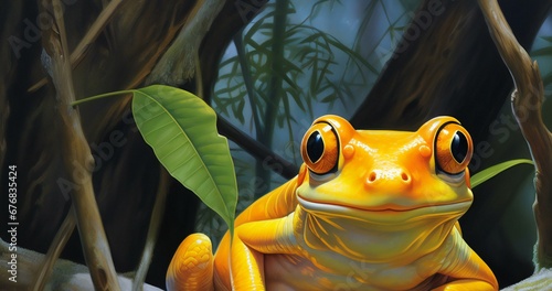 A yellow frog sitting on a tree in the jungle