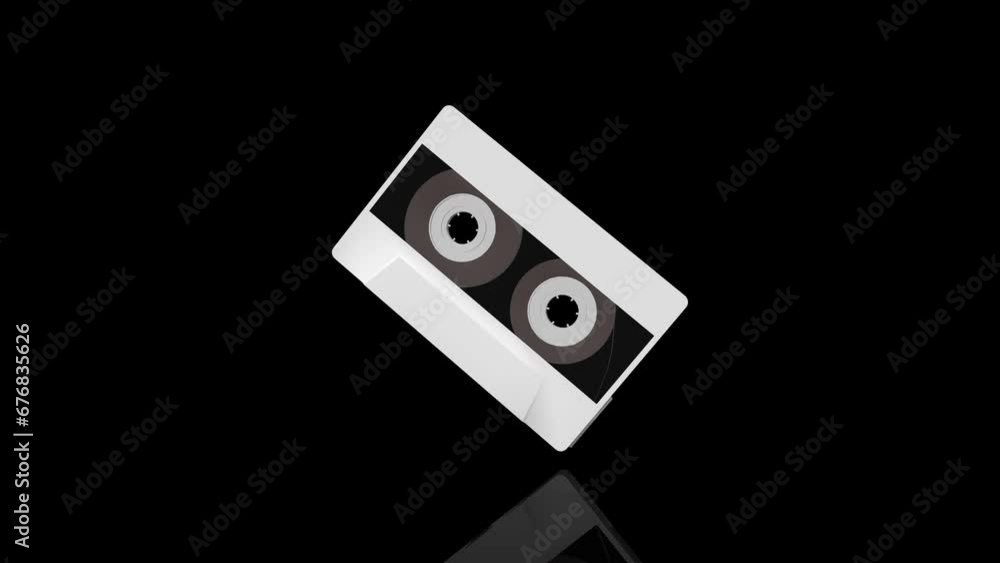 White Cassette Tape turns on itself - loop animation - black background White Cassette Tape turns on itself - loop animation - black background