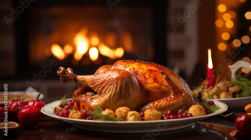 Roast turkey on a platter in front of a fireplace