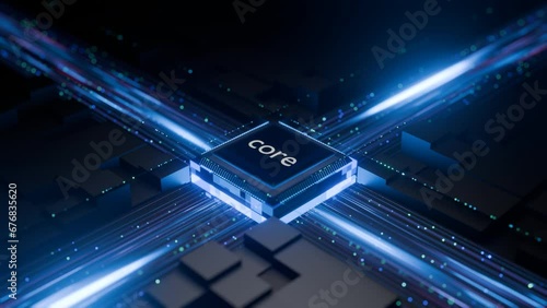 Central Computer Processors CPU concept. Digital pulses and signals from the chip propagate through the motherboard. Visualizing a digital impact or a processor or computer starting, booting