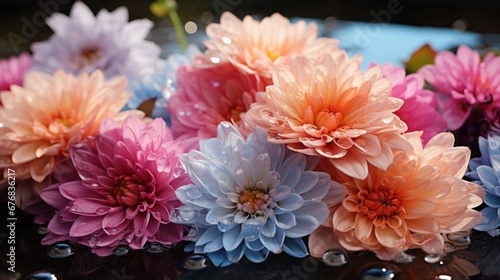 Colorful dahlia flowers in water  closeup. Floral background. Mother s day concept with a space for a text. Valentine day concept with a copy space.