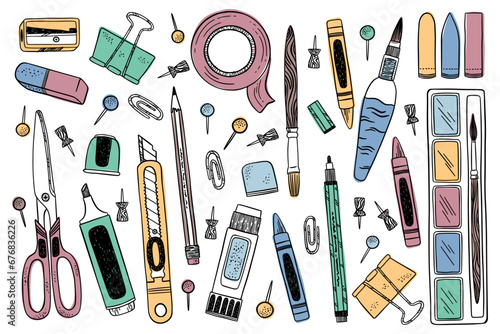 Hand drawn stationery. Pencil and pen, school brush for sketch, vintage art tools, calligraphy. Adhesive tape and scissors or highlighter marker. Paint and brushes. Vector set