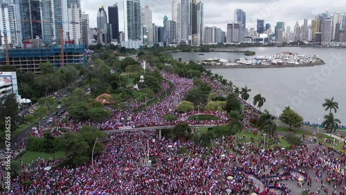 Aerial views from over the protesters on Avenida Balboa protesting against the First Quantum Copper mining contract, downtown Panama City, Panama
