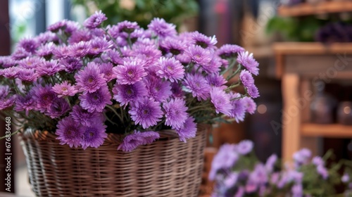 Purple chrysanthemums in a basket on the table. Mother's day concept with a space for a text. Valentine day concept with a copy space.
