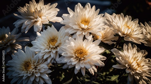 Beautiful white chrysanthemum flowers in the garden. Mother's day concept with a space for a text. Valentine day concept with a copy space.