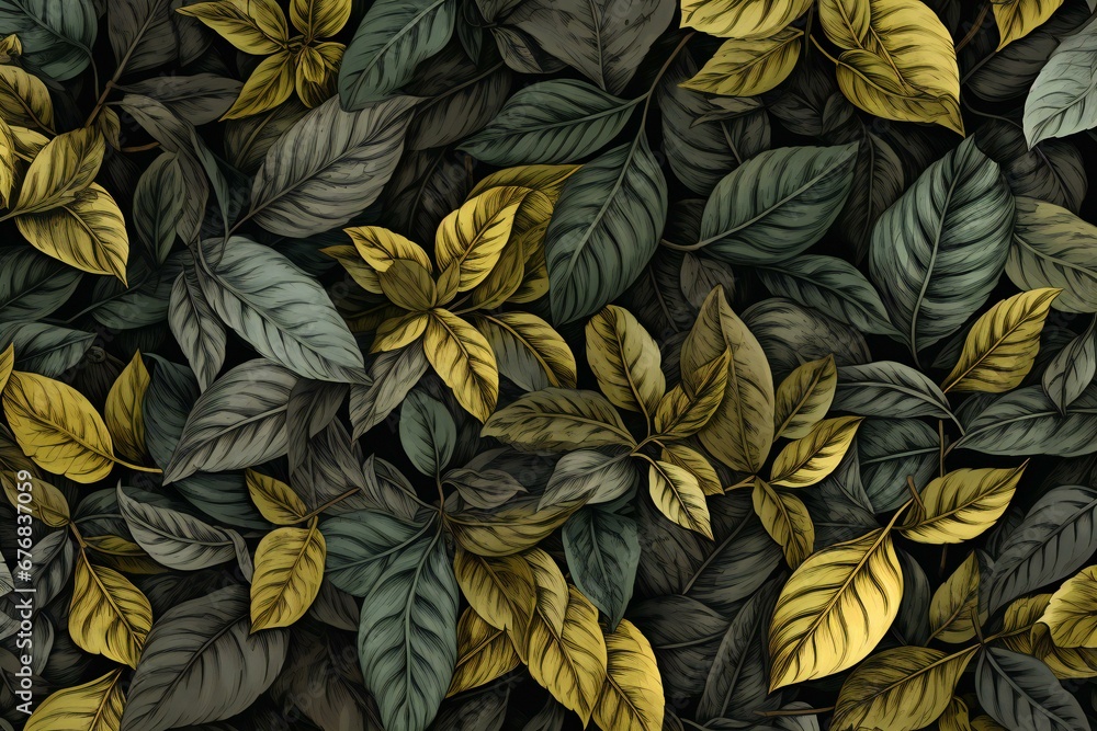 Seamless pattern with green and yellow leaves on black background