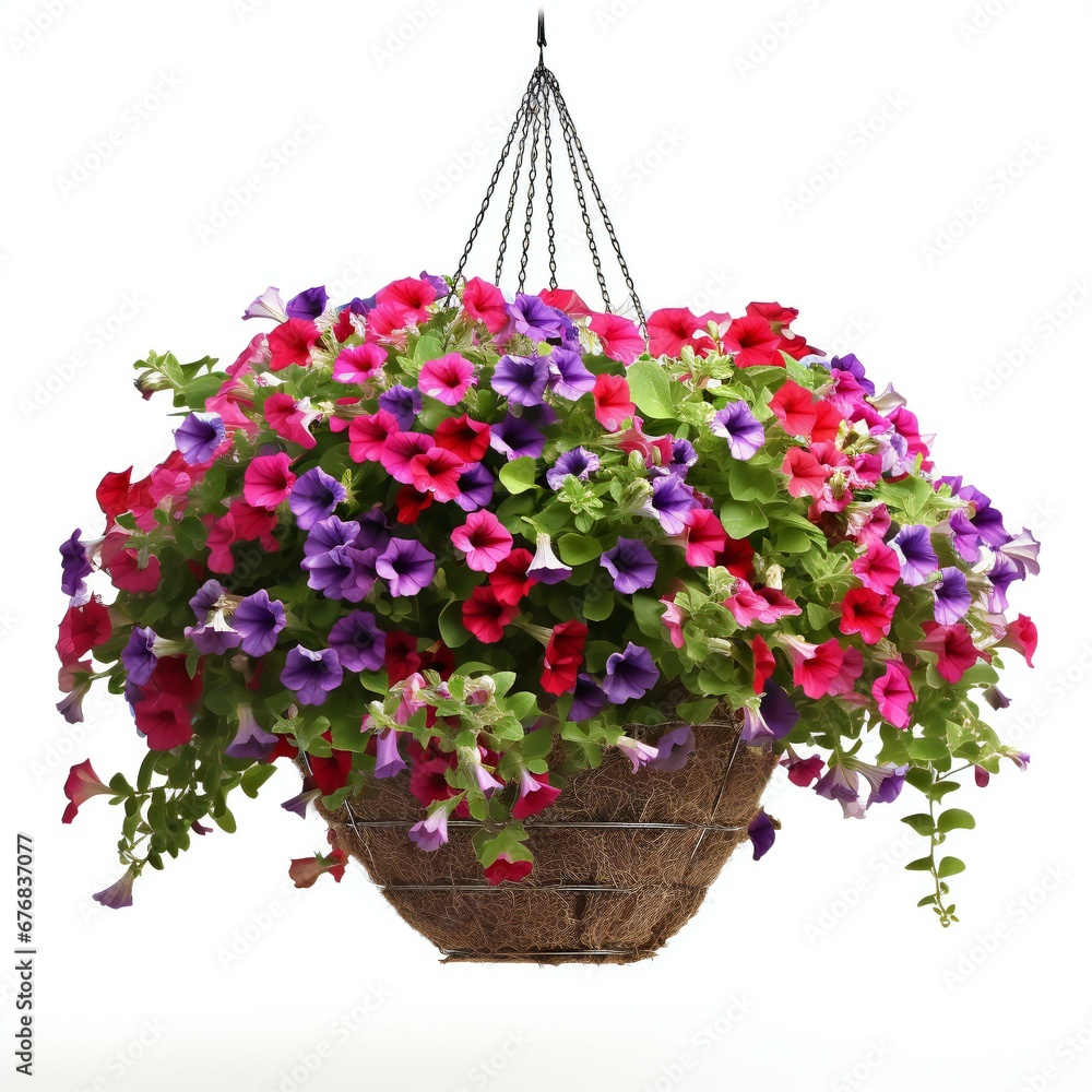 Colorful petunia flowers in a basket isolated on white background