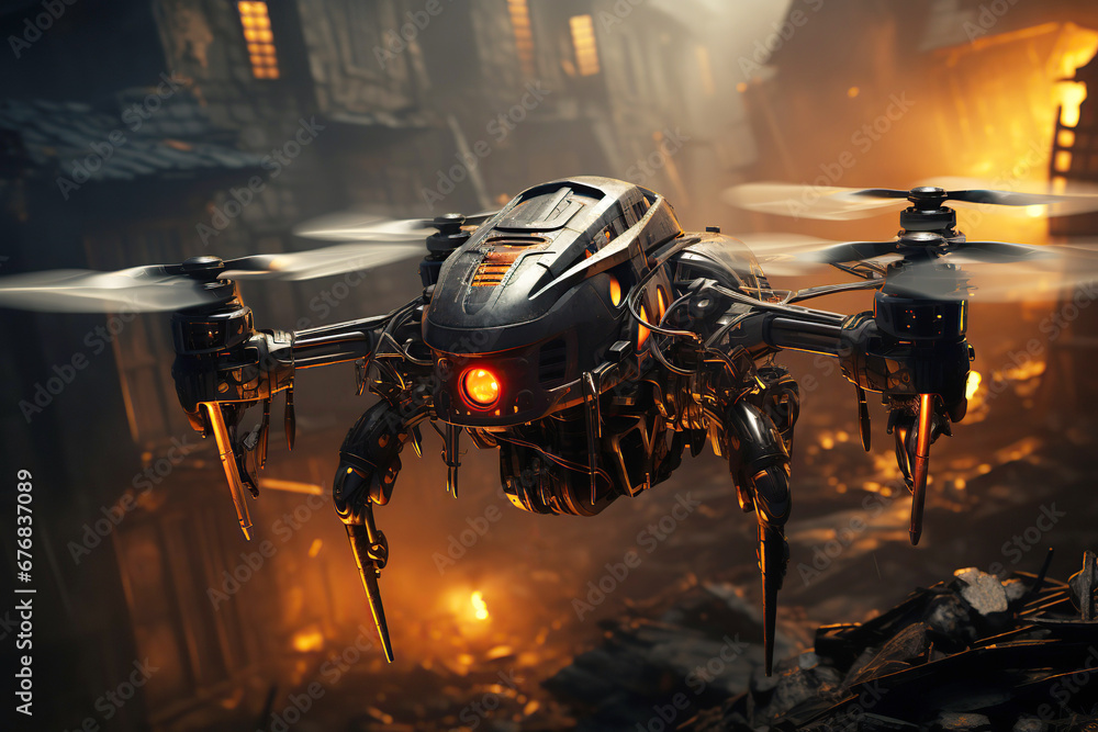 Fototapeta premium combat armed drone in war flies over burning ruins of a bombed city