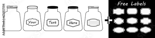Mason Jar set. Empty glass jars with blank label. Glassware with lid or cover for canning. Vector silhouette