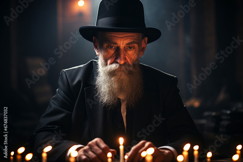 old jewish rabbi with long beard and hat in a synagogue by candlelight photo