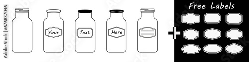 Mason Jar set. Empty glass jars with blank label. Glassware with lid or cover for canning. Vector silhouette