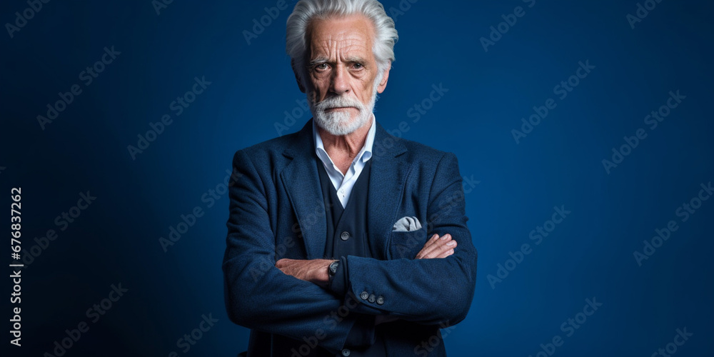 Older, Elegant Man in a Business Suit Poses Gracefully Against a Serene Blue Background, Symbolizing Timeless Sophistication and Authority, AI generated Older, Elegant Man in a Business Suit Poses Gracefully Against a Serene Blue Background, Symbolizing Timeless Sophistication and Authority, AI generated