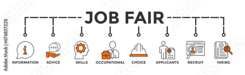 Job fair banner web icon vector illustration concept for employee recruitment and onboarding program with an icon of the information, advice, skills, occupational, applicants, recruit, and hiring