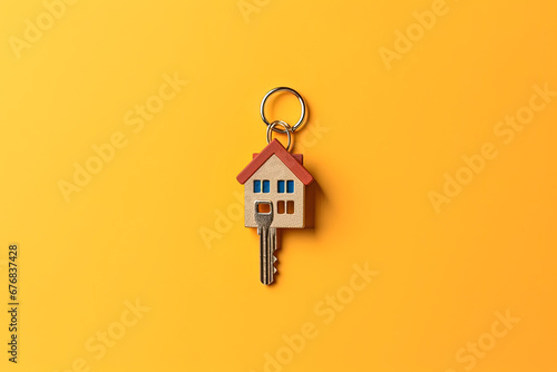 Key to the house on yellow background. Mortgage, home loan, investment, real estate, property concept