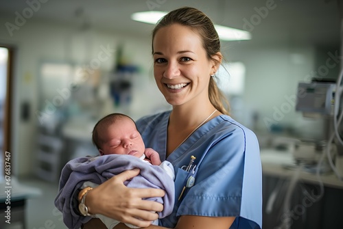 a happy nurse holding a newborn baby with happy face standing in the hospital some different machines in the background looking in the camera   photo