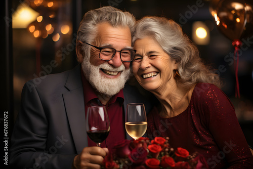  Elderly couple in love, toasting with wine glasses.