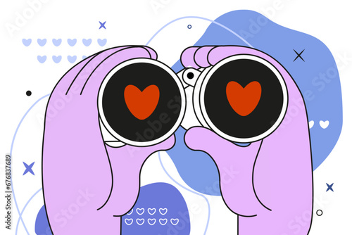 Binocular. Love searching. Hands holding spyglass. Lover looking and surveillance. Heart icons. Magnification glasses. Man seeing on girlfriend. Vector abstract design illustration