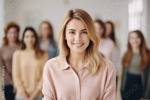 Smiling young Caucasian woman with friends behind her.