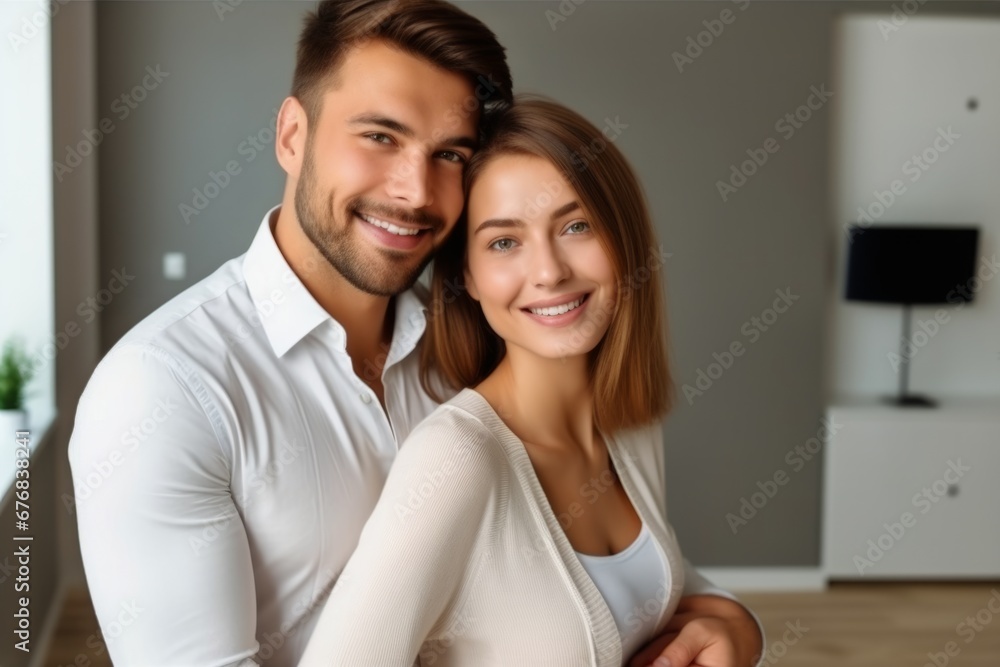 Close up portrait cheerful wide smiling healthy white teeth happy Caucasian couple hugging hug men woman posing inside living room family buying home investing private property mortgage rent apartment