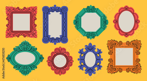 Picture frame. Art gallery element, retro decoration for vintage photo, abstract doodle engraved collection. Elegant retro frameworks different forms. Cartoon flat isolated vector set