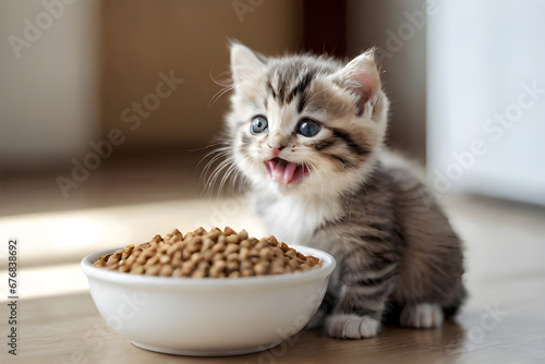 cute happy kitten eating delicious kibble in bowl