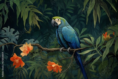 Beautiful blue macaw parrot on a branch surrounded by flowers © Nguyen