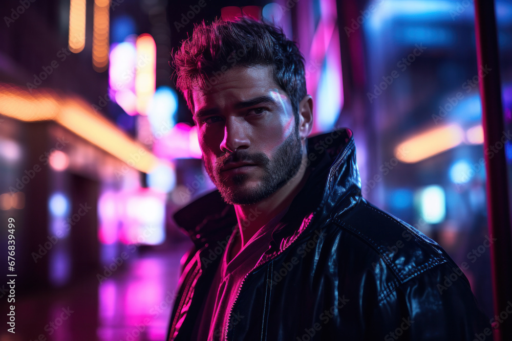 person in neon light at night created with Generative AI technology person in neon light at night created with Generative AI technology