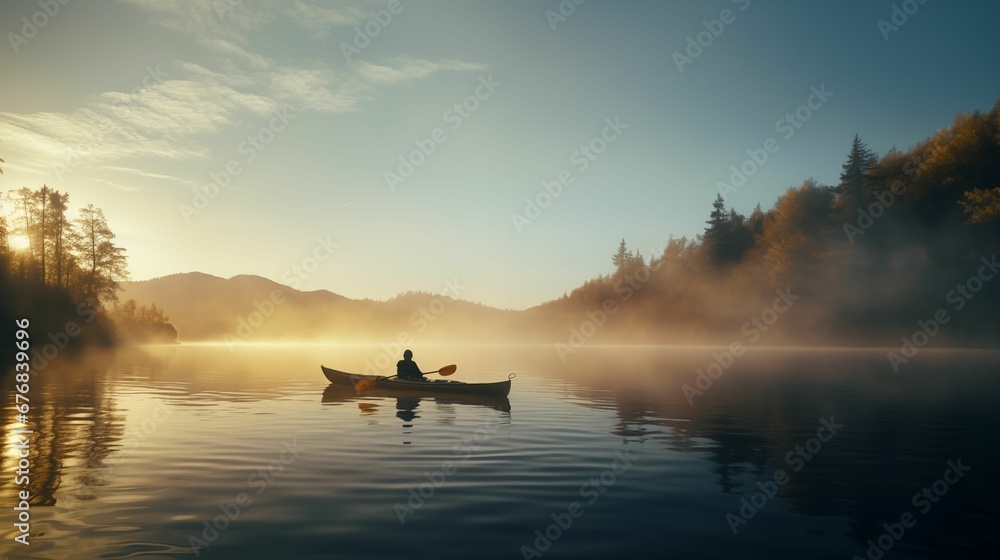 a couple in canoes paddling through a foggy lake