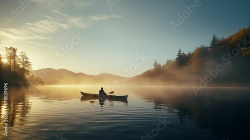 a couple in canoes paddling through a foggy lake
