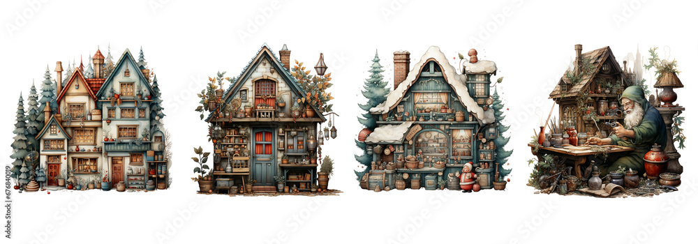 Set of watercolor houses on white background. Set of watercolor houses on white background.