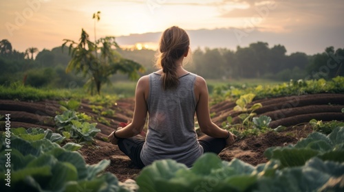 A farmer stops in her organic lettuce garden to meditate, finding in nature a haven of calm and peace while practicing mindfulness