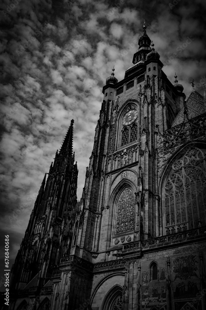 Grayscale shot of St. Vitus Cathedral in Prague, Czechia