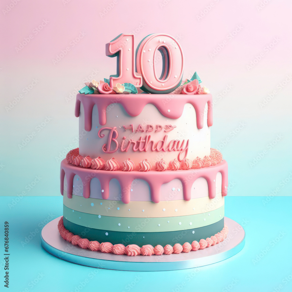 10th years birthday cake on isolated colorful pastel background. ai generative - obrazy, fototapety, plakaty 