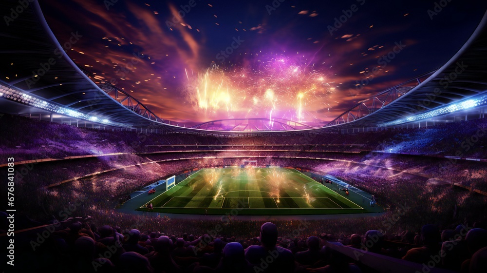 a soccer stadium with fireworks and people watching - obrazy, fototapety, plakaty 