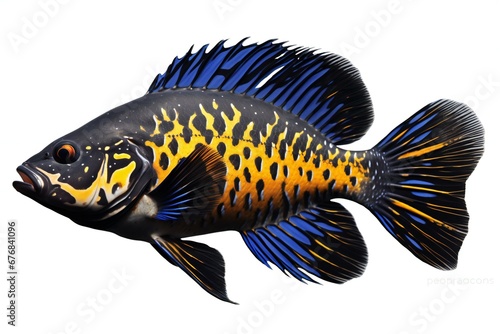 A blue and gold cichlid fish isolated on white background