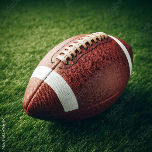 American Football Pigskin Isolated on green grass. ai generative