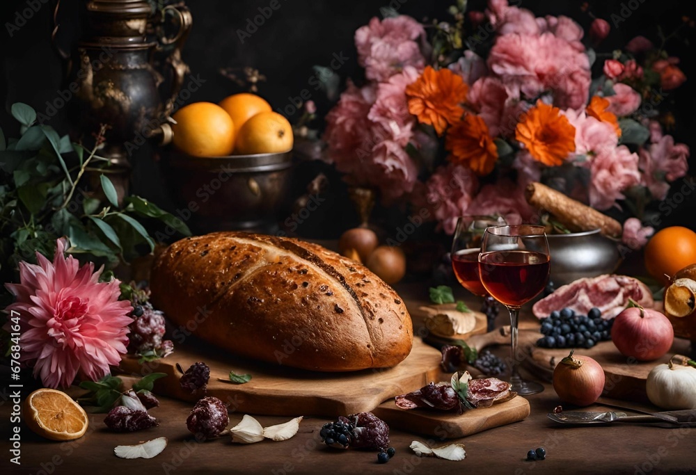 a painting of fruit, flowers, bread and a basket with flowers a painting of fruit, flowers, bread and a basket with flowers