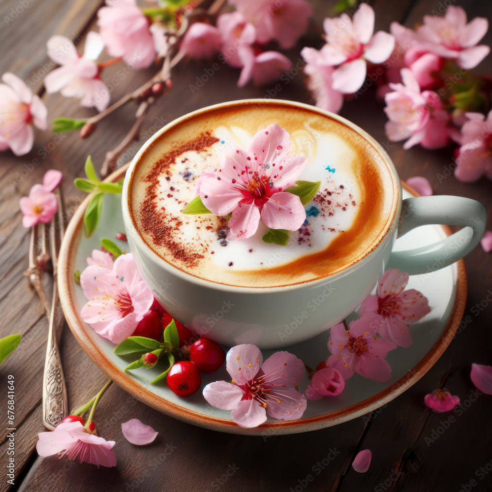 Beautiful Cappuccino on a Wooden Table with Spring Flowers. ai generative Beautiful Cappuccino on a Wooden Table with Spring Flowers. ai generative